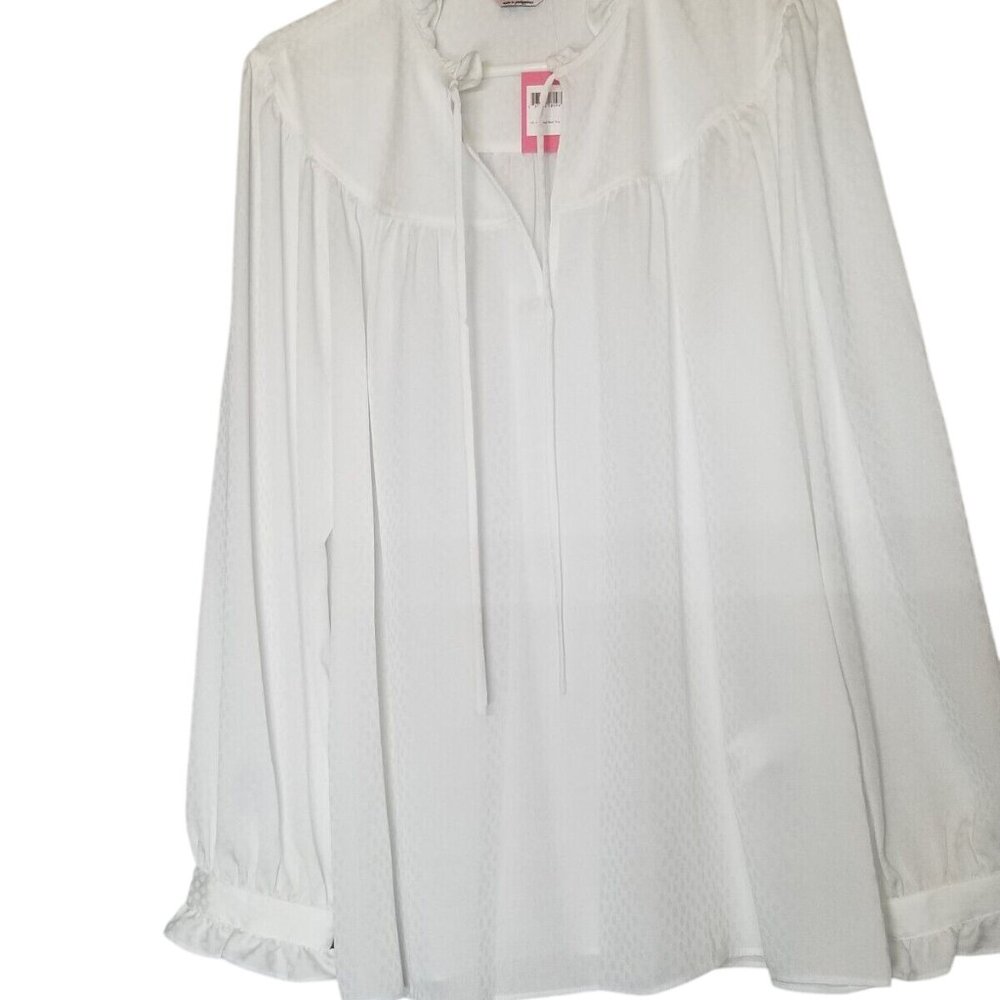 Kate Spade NWT White Fluid Jacquard Ruffle Blouse Womens XL Sheer Classy Classic